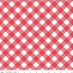 May include: A fabric pattern featuring a red and white diagonal gingham check design. The red squares contain thin white horizontal stripes. A ruler at the bottom shows a scale of 12 inches, indicating the repeat of the pattern.