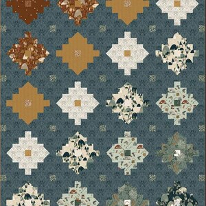 Puede incluir: Un edredón de retazos con un patrón de diamantes repetido. Los diamantes presentan varios diseños, incluyendo colores lisos y patrones con árboles, setas y equipo de camping. El fondo es un verde azulado oscuro con un diseño floral sutil.