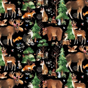 May include: A repeating pattern featuring woodland animals such as deer, moose, foxes, bears, and owls. The animals are set against a black background with trees and foliage. The design has a watercolor style.