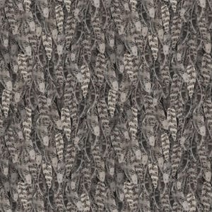 May include: A repeating pattern of feathers in shades of gray, white, and black. The feathers are layered and overlapping, creating a textured and detailed design. The overall effect is a natural and organic aesthetic.