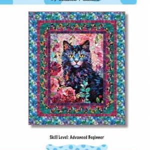 Könnte beinhalten: Ein Quiltmuster mit einer blauen Katze mit grünen Augen, umgeben von rosa und violetten Blumen. Das Muster heißt "Pretty Kitty" und ist 58 Zoll mal 68 Zoll groß. Das Muster stammt von Matthew Pridemore und ist für fortgeschrittene Anfänger geeignet.