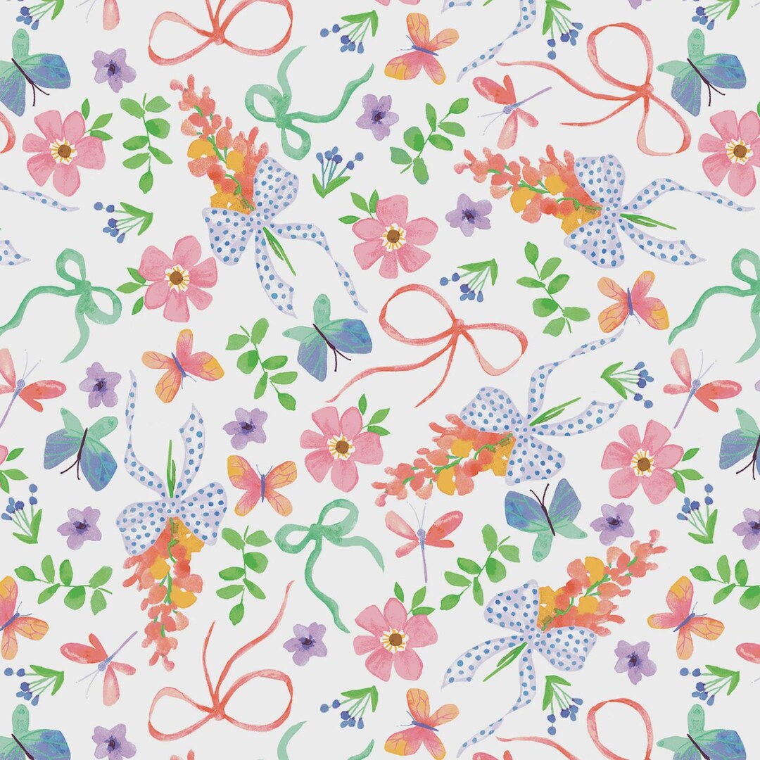Fabric by the Yard - Bows and Blooms - White Flowers and Bouquets by ...