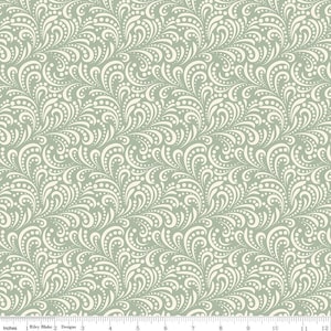 May include: A fabric with a repeating pattern of swirling, stylized floral designs in off-white against a pale green background. The design is detailed with small dots and curved lines, creating a textured appearance. The fabric is measured in inches.