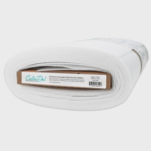 May include: A roll of white non-woven heavyweight fusible extra-firm stabilizer by Callie Del Interfacing. The cardboard label displays the text 20IN x 10YD, 50.8cm x 9.1m, and #CD110F. The material is tightly wound and features a smooth, matte texture.