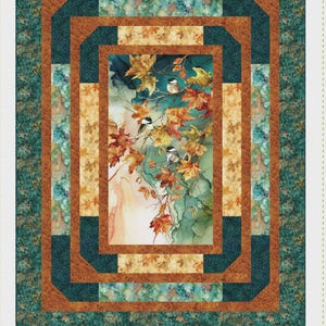 Könnte beinhalten: Ein farbenfrohes Panel-Quilt mit dem Titel "Beveled" und dem Text "A Confident Beginner Panel Quilt". Der Quilt zeigt ein zentrales Bild von Herbstblättern und Vögeln, umrahmt von teal-, orange- und beigefarbenen Rändern. Der Markenname "Quilting Renditions" ist ebenfalls sichtbar.