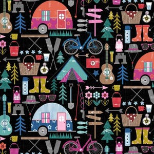 Let&#39;s Go Camping Black by Michael Miller Fabrics by the yard 3856