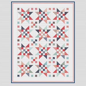 Op de afbeelding: Een quiltpatroon getiteld "Scrap Jar Stars #726" met een sterontwerp. De sterren zijn samengesteld uit verschillende stofpatronen in rode, blauwe en perziktinten. Het quiltpatroon is omlijst met een blauwe en rode rand, en het Gigi's Thimble-logo staat onderaan.