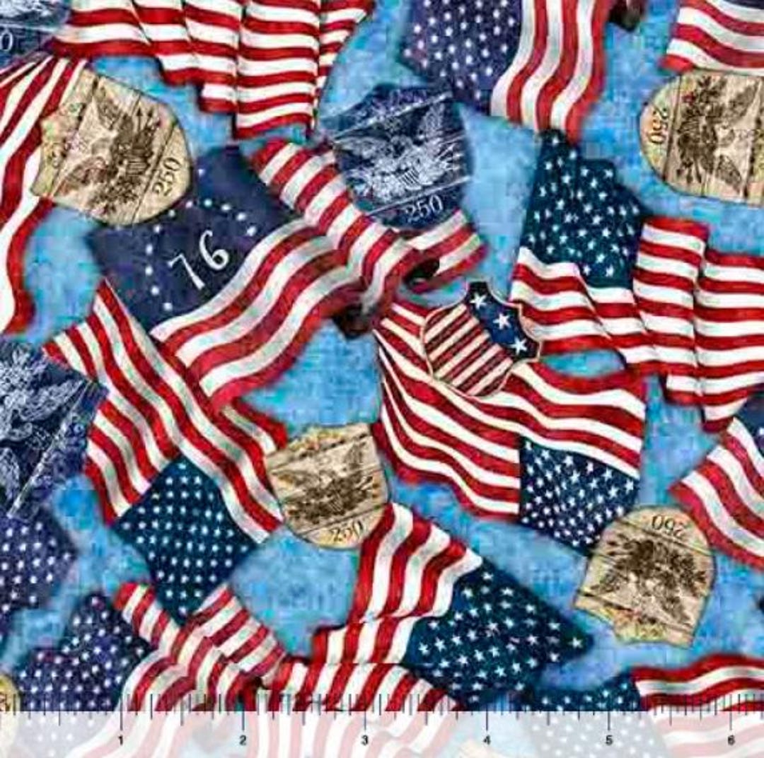 Fabric by the Yard - 1776 - American Flags and 250 Crest by QT Fabrics ...
