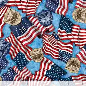 May include: A fabric pattern featuring a repeating design of waving American flags, blue backgrounds with white stars, and tan shield-shaped emblems. Some flags display the number 76, while the shields feature eagle motifs and the number 250.