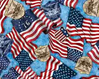 May include: A fabric pattern featuring a repeating design of waving American flags, blue backgrounds with white stars, and tan shield-shaped emblems. Some flags display the number 76, while the shields feature eagle motifs and the number 250.