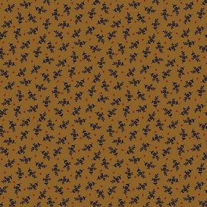 Può includere: Un motivo senza cuciture con un design ripetitivo di piccoli rametti neri con punti rossi su uno sfondo marrone.