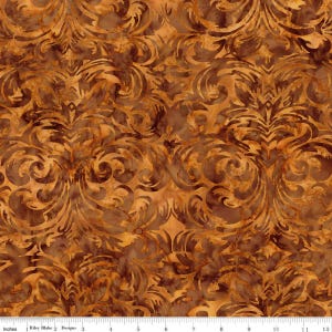 May include: A fabric featuring a repeating damask pattern in shades of brown and copper. The design includes intricate swirling motifs with a mottled, batik-style texture. A white ruler at the bottom shows a scale of 30 centimetres for reference.