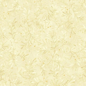 Op de afbeelding: Een naadloos patroon met delicate, lichtgele twijgen met kleine, gouden bessen op een crèmekleurige achtergrond.