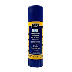 May include: A blue and yellow Odif 505 temporary adhesive glue stick for fabric. The label reads "Temporary Adhesive Glue Stick for fabric" and "NET WT 36g". The glue is transparent, washable, and doesn't gum needles.