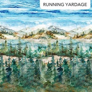 May include: Fabric with a watercolour landscape design. It features a blue sky, snow-covered mountains, a lake, and a forest of evergreen trees in shades of green and blue. The text "RUNNING YARDAGE" is at the top.