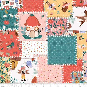 May include: A patchwork fabric design featuring whimsical illustrations. The design includes squares with floral patterns, fairies, mushrooms, and a fairy house. The color palette includes red, pink, teal, yellow, and white. The fabric is measured in inches.