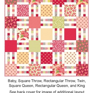 May include: A quilt pattern titled "Picket Fence" with a red banner at the top. The quilt design features squares of floral and patterned fabrics in red, pink, and yellow, separated by white strips. The text includes size options.