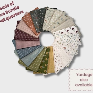 May include: A circular arrangement of 20 fat quarters from the "Threads of Grace Bundle." The fabric pieces display various floral and geometric patterns in a palette of greens, browns, and blues. Text on the image reads "Threads of Grace Bundle 20 Fat quarters" and "Yardage also available."