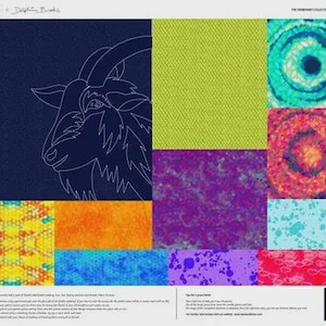 May include: A fabric design sheet featuring a goat outline on a navy blue background, alongside various colorful fabric swatches. The swatches include green, purple, orange, and patterned designs in yellow, blue, and red. The sheet is part of "The Diamond Collection."