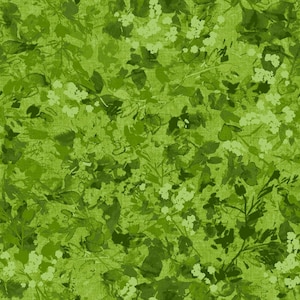 May include: A fabric featuring a repeating pattern of abstract botanical shapes in various shades of green. The design includes dark forest green foliage and lighter lime green floral clusters layered over a textured, solid green background.