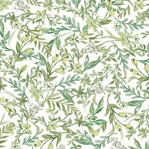 May include: A seamless pattern featuring a watercolour illustration of green leaves and white flowers on a white background.