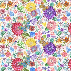 Puede incluir: Un vibrante patrón floral estilo acuarela con una variedad de flores coloridas, mariposas y libélulas. El diseño incluye flores rosas, moradas, amarillas y azules, con hojas verdes y elementos decorativos sobre un fondo blanco.