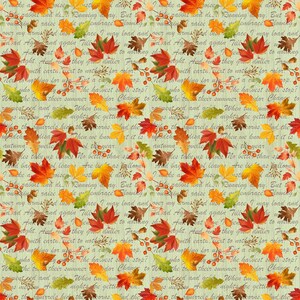 May include: A repeating pattern of autumn leaves in shades of red, orange, and yellow, with small berries and acorns, on a pale green background. The design includes handwritten script text.