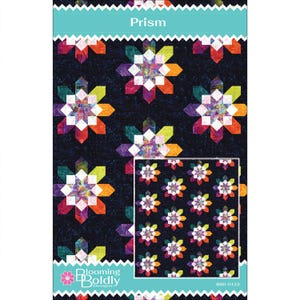 May include: A fabric panel featuring a repeating pattern of vibrant starburst motifs set against a dark blue backdrop. The word "Prism" is displayed at the top, with the Blooming Boldly Designs logo at the bottom. A smaller version of the pattern is in the lower right.