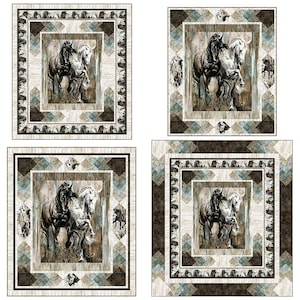 May include: Four square quilts featuring a central panel of a black and a white horse standing together. The borders consist of geometric patterns in shades of brown, cream, and blue, with a repeating horse motif along the outer edges.