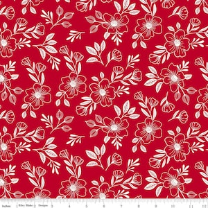 May include: Red fabric with a repeating pattern of white floral outlines. The design features detailed flowers, leaves, and buds, creating a delicate and intricate aesthetic. The fabric is measured in inches.
