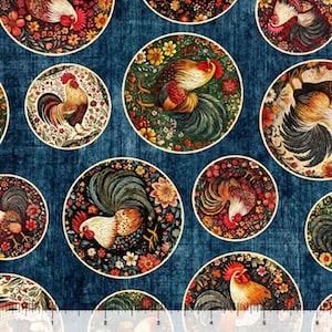 May include: A fabric with a repeating pattern of colorful roosters in circular frames. The roosters have red combs and tail feathers, with a variety of floral and foliage designs on a dark blue background.