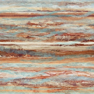 May include: A rectangular digital print featuring a layered landscape design with horizontal bands of rust, copper, and teal colours. The upper section displays a textured sky with white clouds, while the lower portion shows abstract strata.