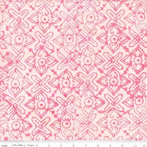 Könnte beinhalten: Rosa und cremefarbener Stoff mit einem sich wiederholenden Muster aus stilisierten floralen und geometrischen Formen. Das Design weist eine symmetrische Anordnung von sich kreuzenden Linien und herzförmigen Motiven auf, wodurch ein optisch ansprechender Stoff entsteht.