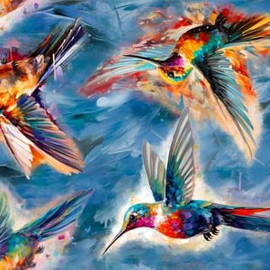 Puede incluir: Una pintura colorida de colibríes en vuelo sobre un fondo azul. Las aves están pintadas en tonos vibrantes de azul, verde, naranja y amarillo. La pintura tiene un estilo caprichoso y abstracto.