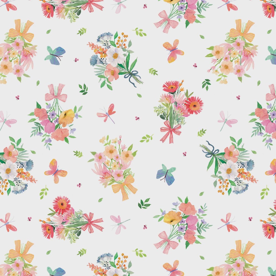 Fabric by the Yard - Bows and Blooms - White Small Bouquets by Blank ...