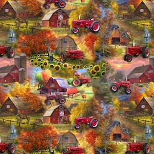 Puede incluir: Patrón repetitivo con tractores rojos, graneros y follaje otoñal. El diseño incluye girasoles, caballos y banderas americanas, creando una estética rural con temática de cosecha. La paleta de colores está dominada por rojos, naranjas y amarillos.