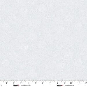 May include: A light gray fabric with a repeating floral pattern in white. The design features detailed outlines of stylized flowers, creating a delicate and textured appearance. The fabric is measured in inches.