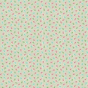 May include: A white background with a repeating pattern of small green and pink flowers. The flowers are arranged in a diagonal pattern.