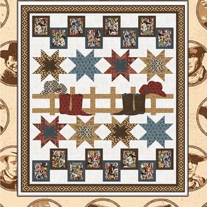 May include: A quilt with a western theme, featuring images of John Wayne, stars, cowboy boots, and hats. The quilt has a white background with a repeating pattern of John Wayne's portrait. The text "Remembering John Wayne" and "by Coach House Designs" are also visible.