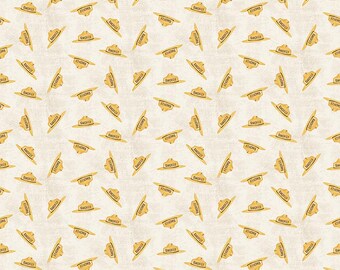 May include: A repeating pattern of yellow Smokey Bear hats with the word "SMOKEY" printed on the front, set against a cream-colored background. The hats are angled in various directions, creating a dynamic design. This fabric is suitable for crafting and sewing projects.