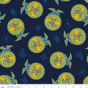 May include: A navy blue fabric with a repeating pattern of yellow and blue FFA logos. The logos feature the words "Agricultural Education" and "FFA" with a sunburst design. The fabric also includes small images of corn, tractors, and shields.