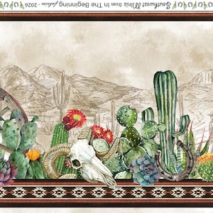 May include: A fabric panel featuring a desert landscape with cacti, a wagon wheel, and a cowboy boot. The design includes a brown border with a geometric pattern and a sepia-toned background with mountains.