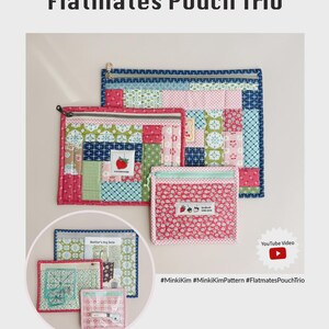 May include: Three rectangular fabric pouches in varying sizes featuring a patchwork design of pink, green, blue, and white floral and geometric patterns. Each pouch has a metal zipper closure and a small white label with a strawberry graphic.