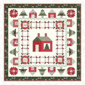 Op de afbeelding: Een quiltpatroon getiteld "Holly Lane" met een centraal ontwerp van een rood huis met een kerstboom, omringd door feestelijke motieven. De quilt is 18 cm x 18 cm groot en bevat de tekst "QUILT PATTERN" en de naam van de ontwerper.