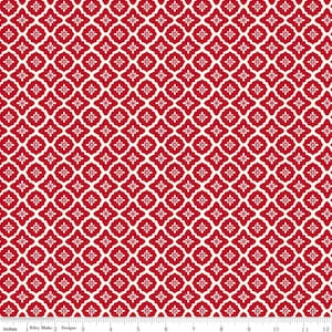 May include: Red and white patterned fabric with a repeating floral design. The fabric has a symmetrical pattern of red quatrefoils with white accents. The words "Riley Blake Designs" are printed at the bottom of the image.