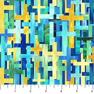 Puede incluir: Tela con un patrón repetido de cruces superpuestas en tonos de azul, verde y amarillo. Las cruces tienen un efecto de vidriera, con una mezcla de elementos sólidos y texturizados. El fondo es una mezcla de azul y verde.