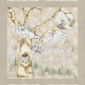 May include: Watercolor owl fabric panel featuring multiple owl illustrations with a forest and moon theme. The owls are depicted in various poses, with soft colors and detailed feather patterns. Some panels include text.