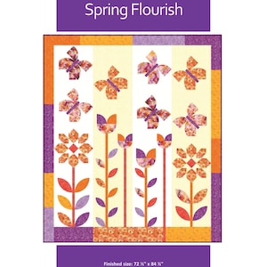 Pode incluir: Um padrão de colcha intitulado "Spring Flourish" com um design floral e borboleta. A colcha apresenta cores laranja, roxo e amarelo. O tamanho final é de 184 cm x 215 cm.