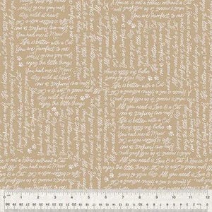 May include: Tan fabric with white script and paw prints. The text includes phrases like "Life is better with a Cat" and "You had me at Meow." A ruler is at the bottom, showing inches.