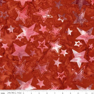 May include: A fabric featuring a repeating pattern of pink and white stars on a red background. The stars vary in size and have a watercolor effect. The fabric is marked with inches.